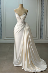 Fabulous Ivory Column Sweetheart Spaghetti Strap Sleeveless Beaded Panel Train Ruffle Long Satin Wedding Dresses With Pearls